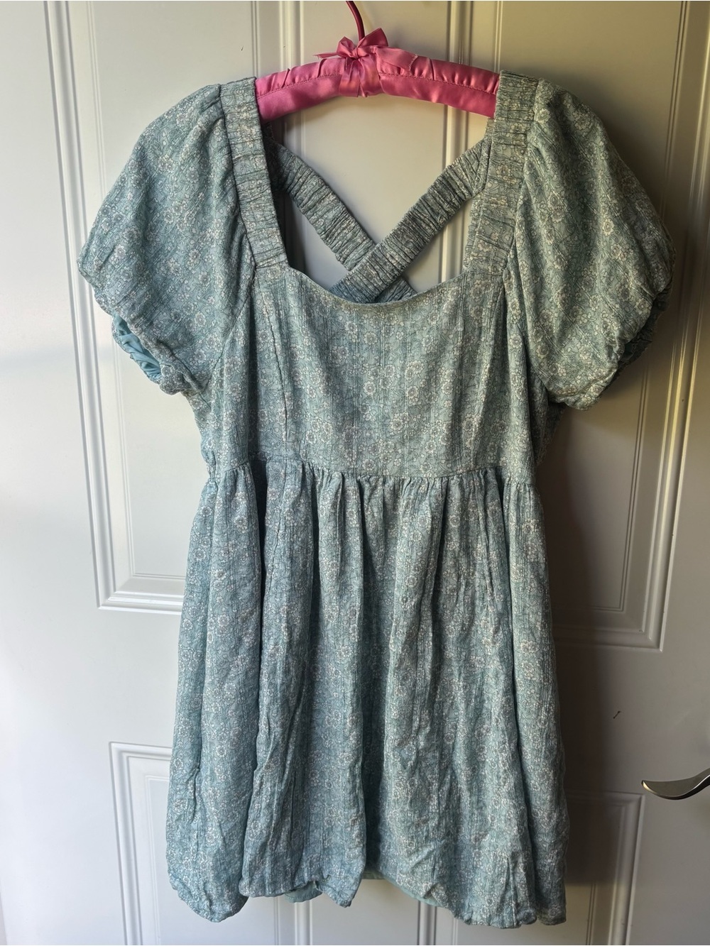 Sage Blue Baby Doll Sun Dress M Cottage Core, Prairie aesthetic, puff sleeve